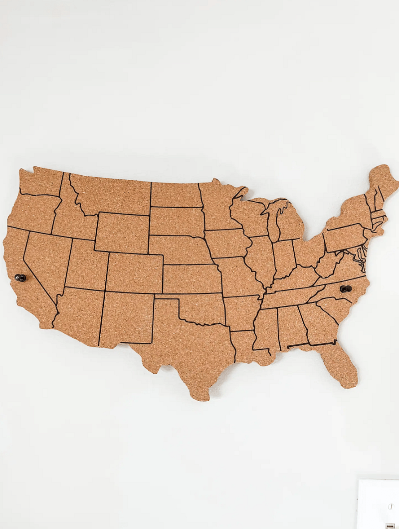 Loft area map with available push pins. Put a pin in the state that you are traveling from! This gives us and all guests a snapshot of where everyone is traveling from to visit the loft.