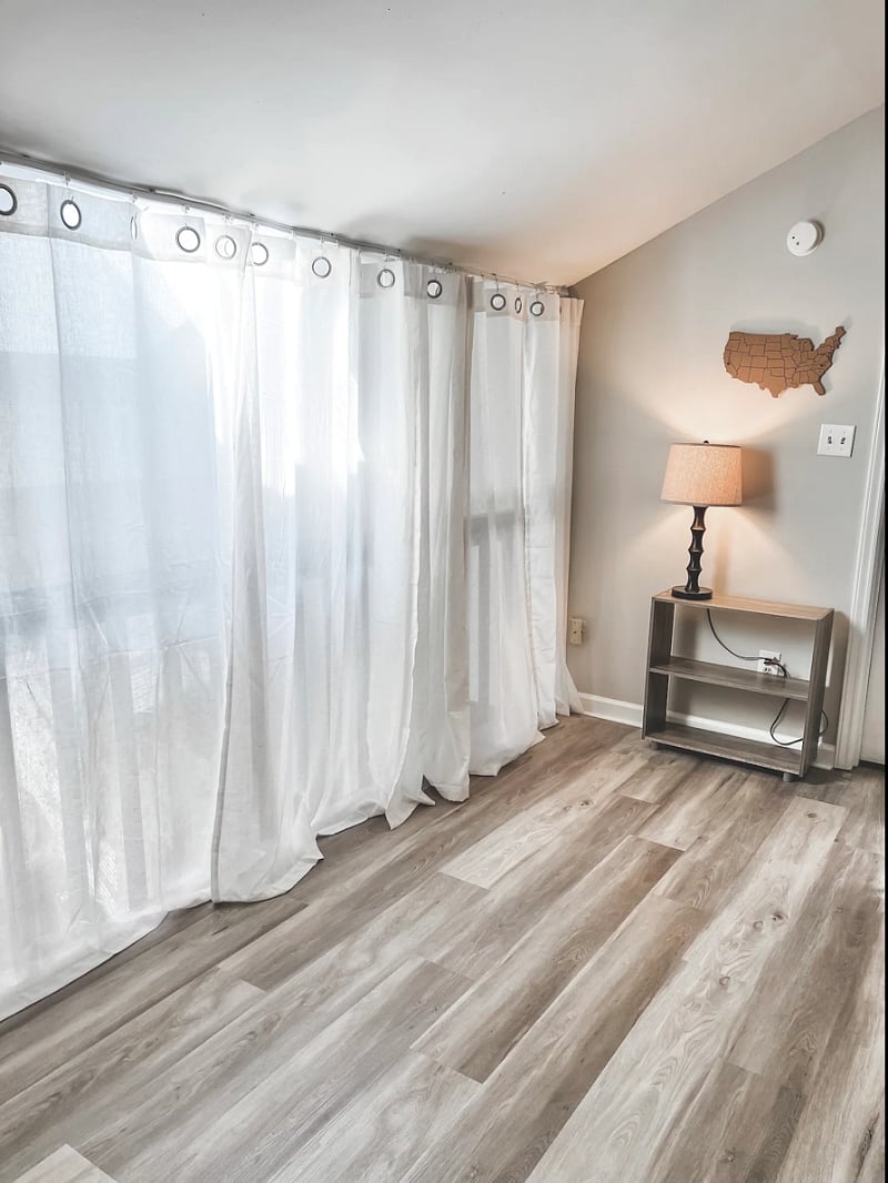 View of upstairs loft with curtains closed.