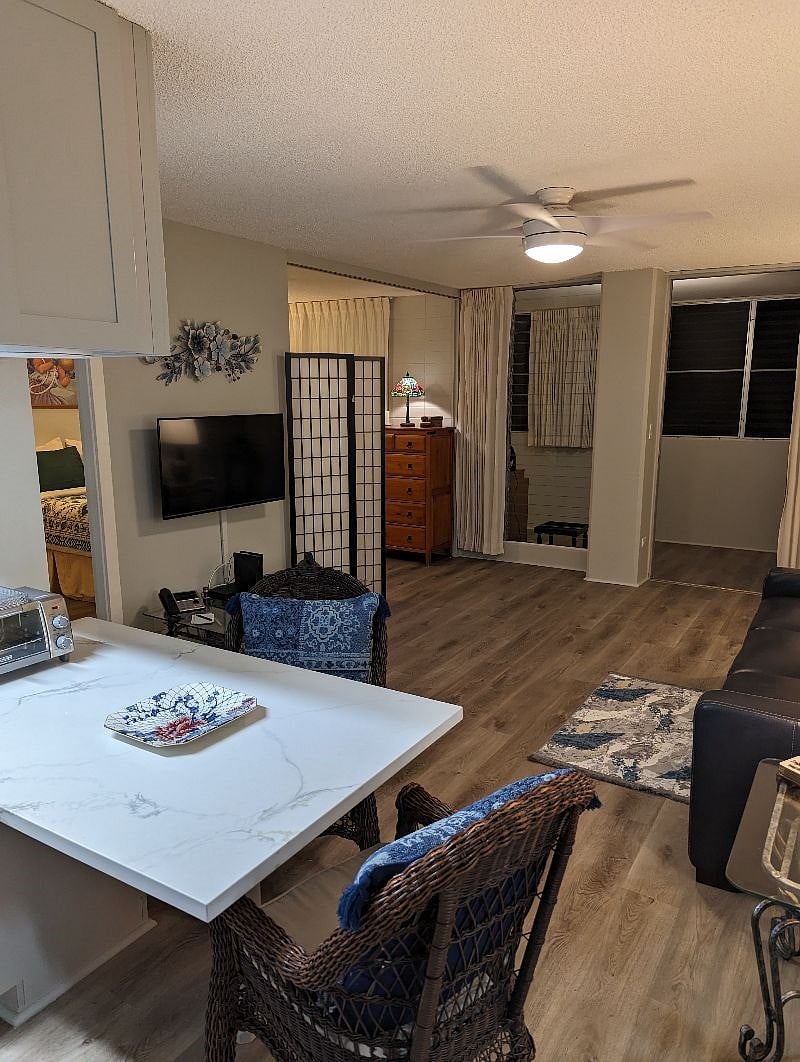 Swivel mounted TV- for couch, kitchen or lanai dining area with ease. 