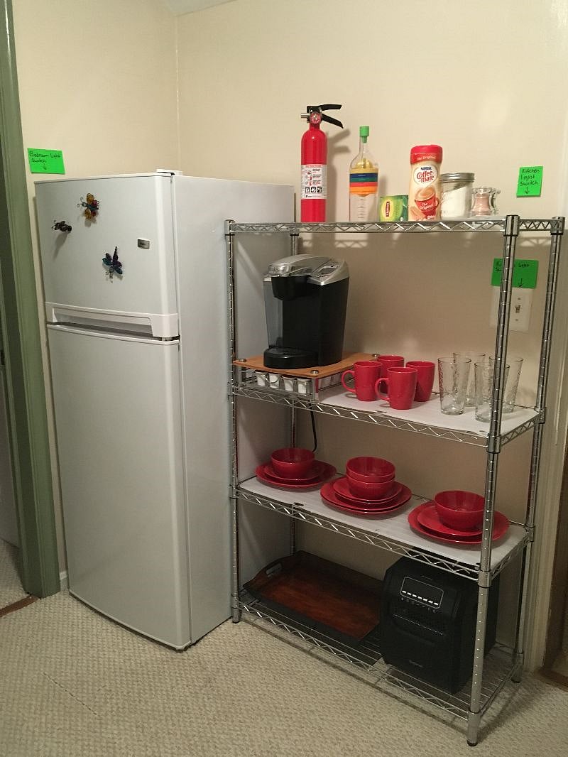 Fridge, Coffee maker, dishes, storage rack