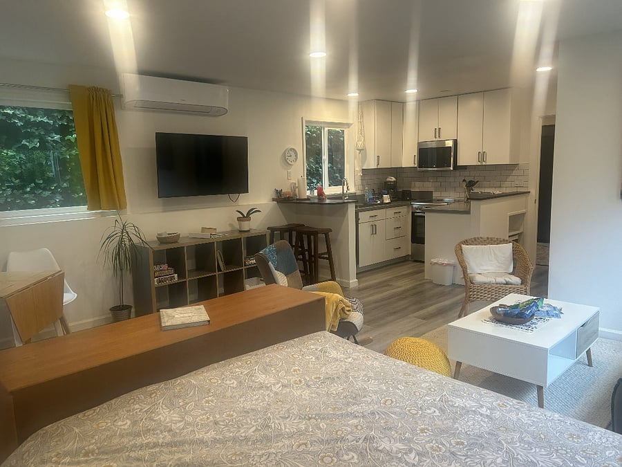 View from bed to kitchen