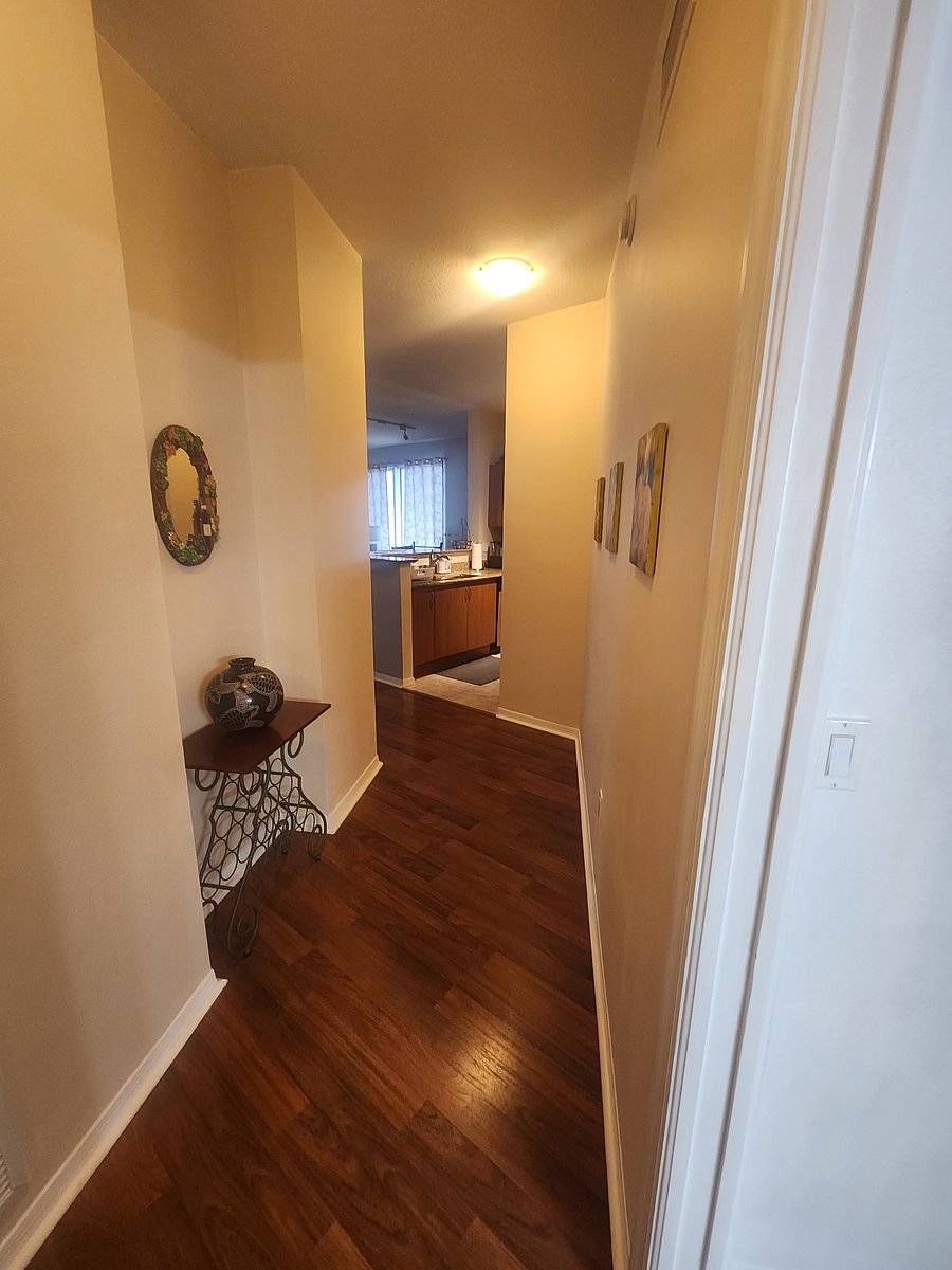 Hallway Entrance leading to open Living Room and Kitchen