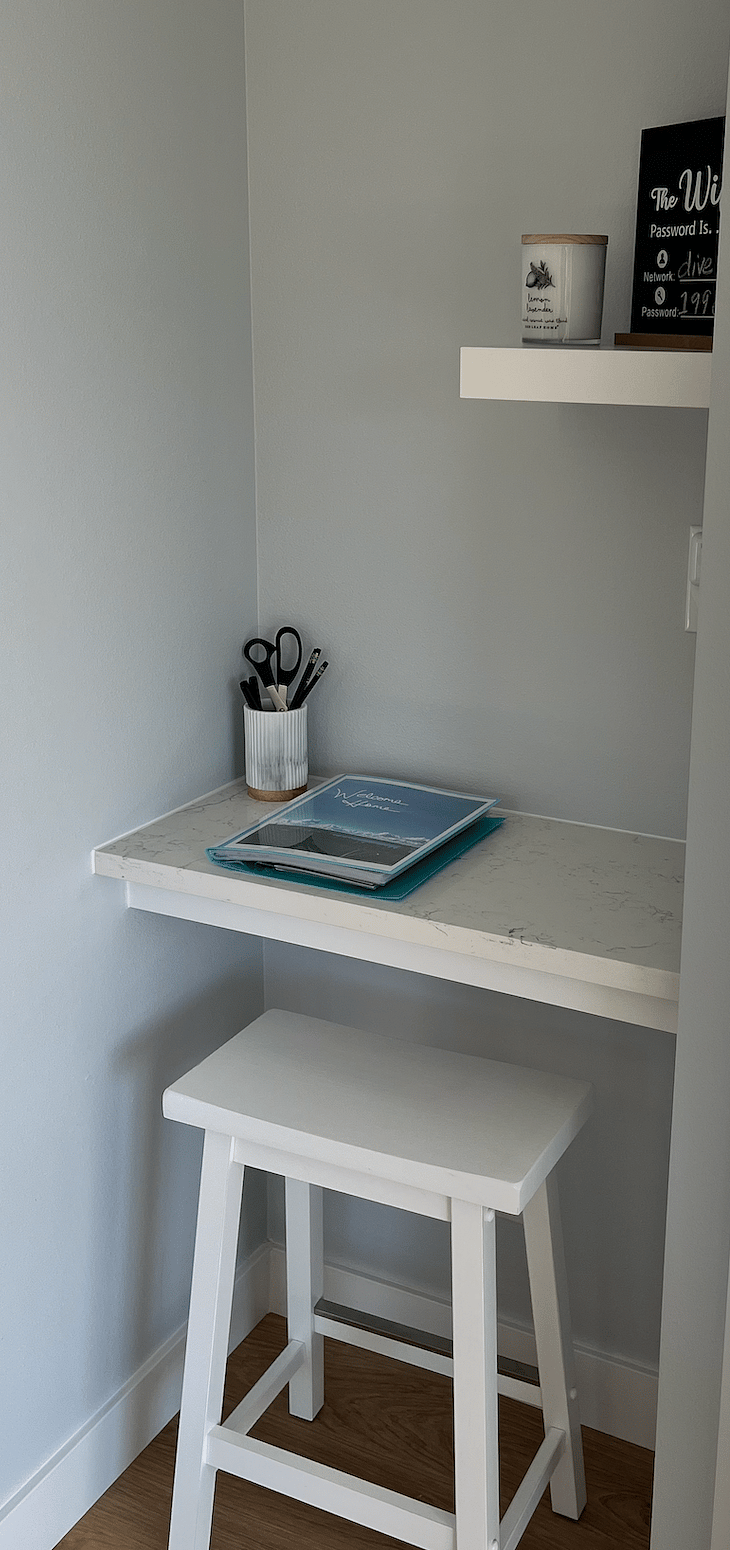dedicated laptop work space and guidebook to local attractions