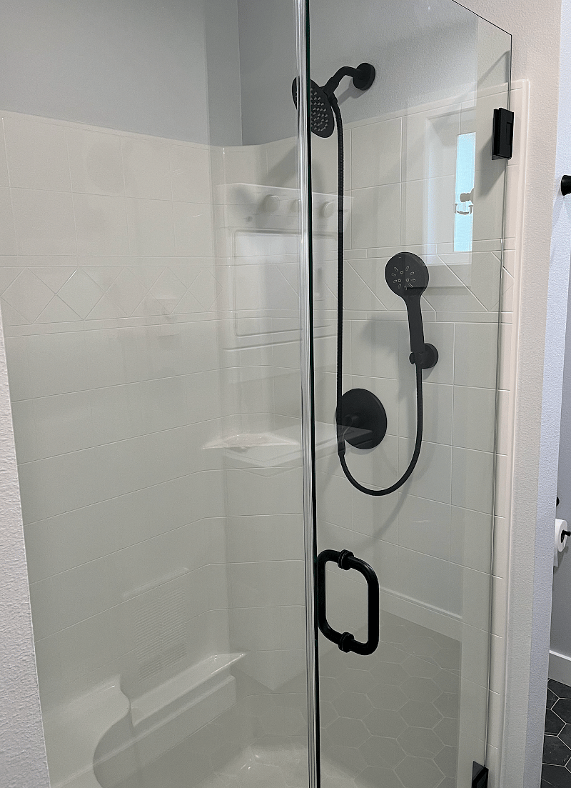 walk-in shower with glass doors, 2 shower heads