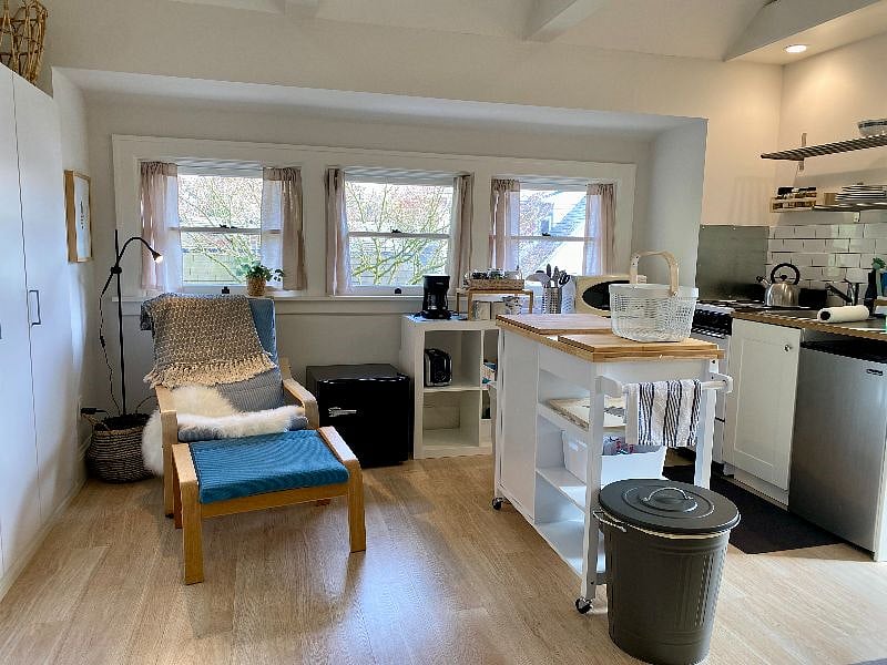 Easy chair and kitchen area