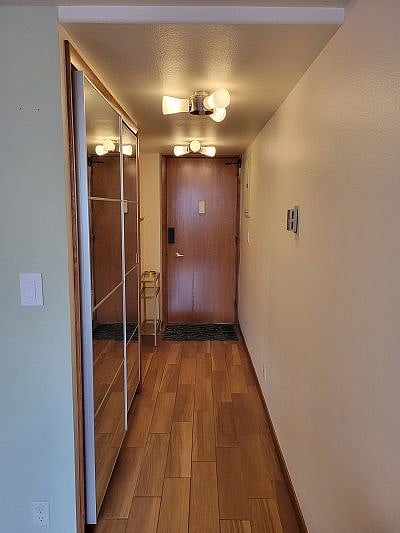 Hallway as you exit living area. Sliding mirror door closet on left.