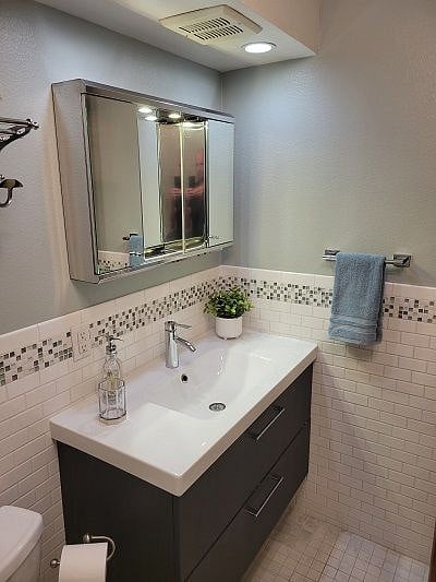 Vanity and medicine cabinet.