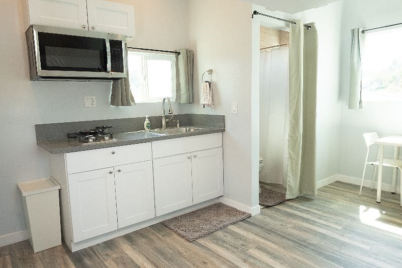 Kitchenette with microwave and stove