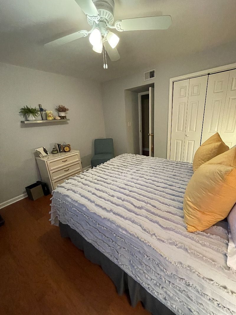 Bedroom view #2. Closet and dresser for your belongings.