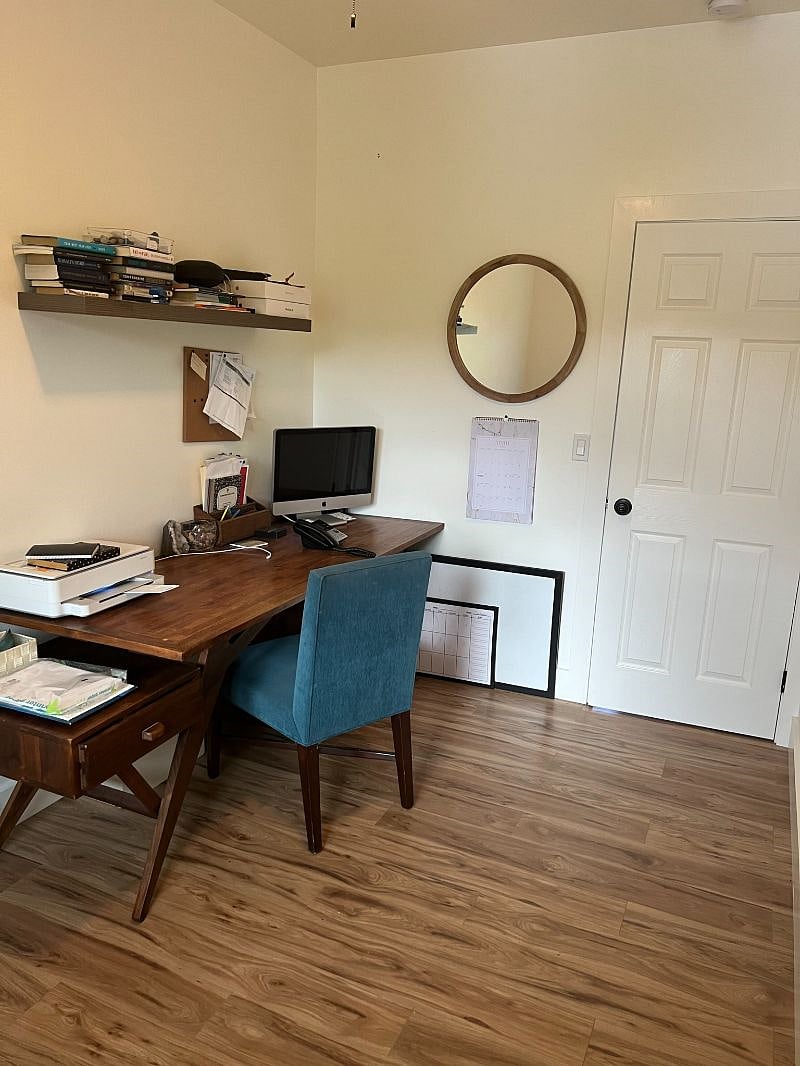 This is currently "the office" and we are working on getting a twin-size bed in here and moving the desk in the living room. If you'd rather have it another way, please let us know in advance or you are welcome to switch it around too (if so please be careful of corners and drywall as everything is brand new and we'd like to keep it nice:))