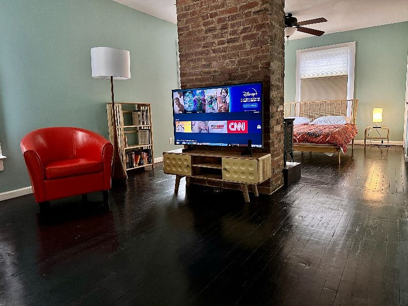The apartment has an open floor plan.