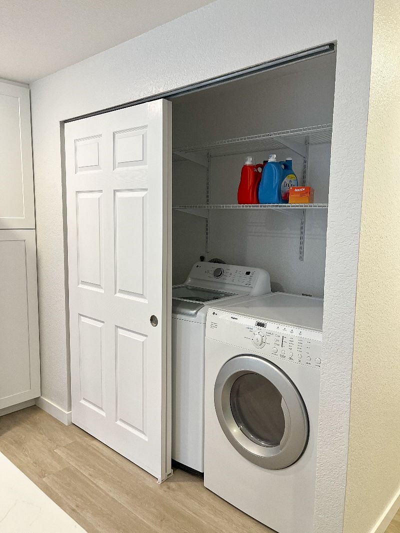 You'll find a full-size washer and dryer in the laundry closet, just off the kitchen.