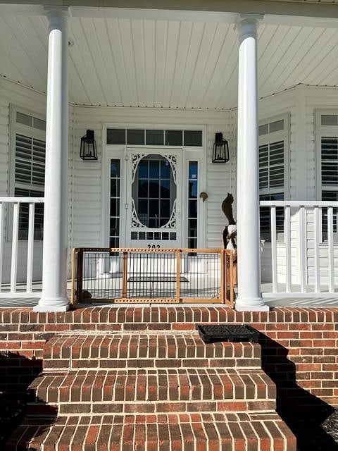 This is a closeup of front entrance.  The gate across the front is only there to keep my pup from leaving the porch.
