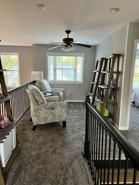 Upstairs loft space just outside of both tenant bedrooms and the shared bath. Furnished with 2 very comfortable recliners, bookcases and great lighting.
