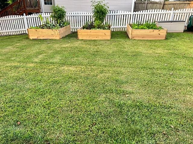 Back yard from the back porch showing the 3 raised garden beds.