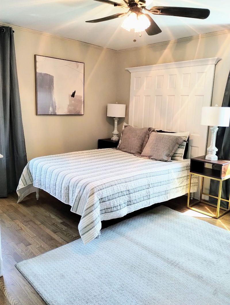 Master bedroom has queen bed with Zinus memory foam mattress, bedside tables with USB ports and lamps, light filtering shades and blackout drapes. There is an ensuite bath with a large shower and huge walk-in closet.