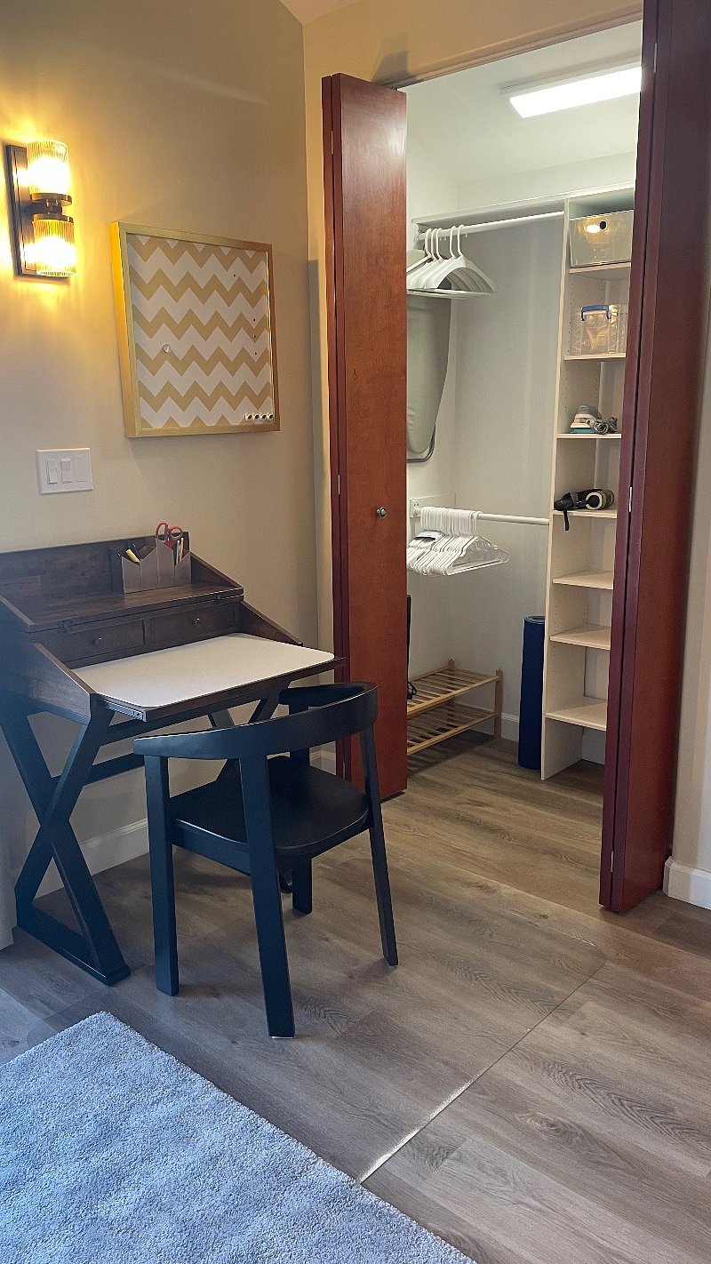 World Market table/desk.
Lots of storage space in the closet.