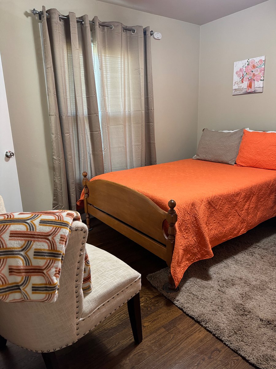 Double bed with half bath blackout curtains