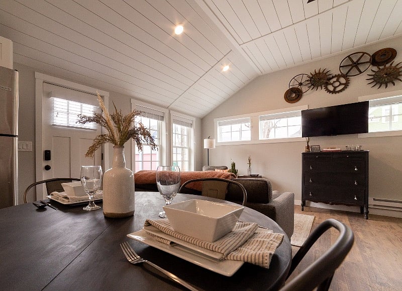 Living area with vaulted shiplap ceiling