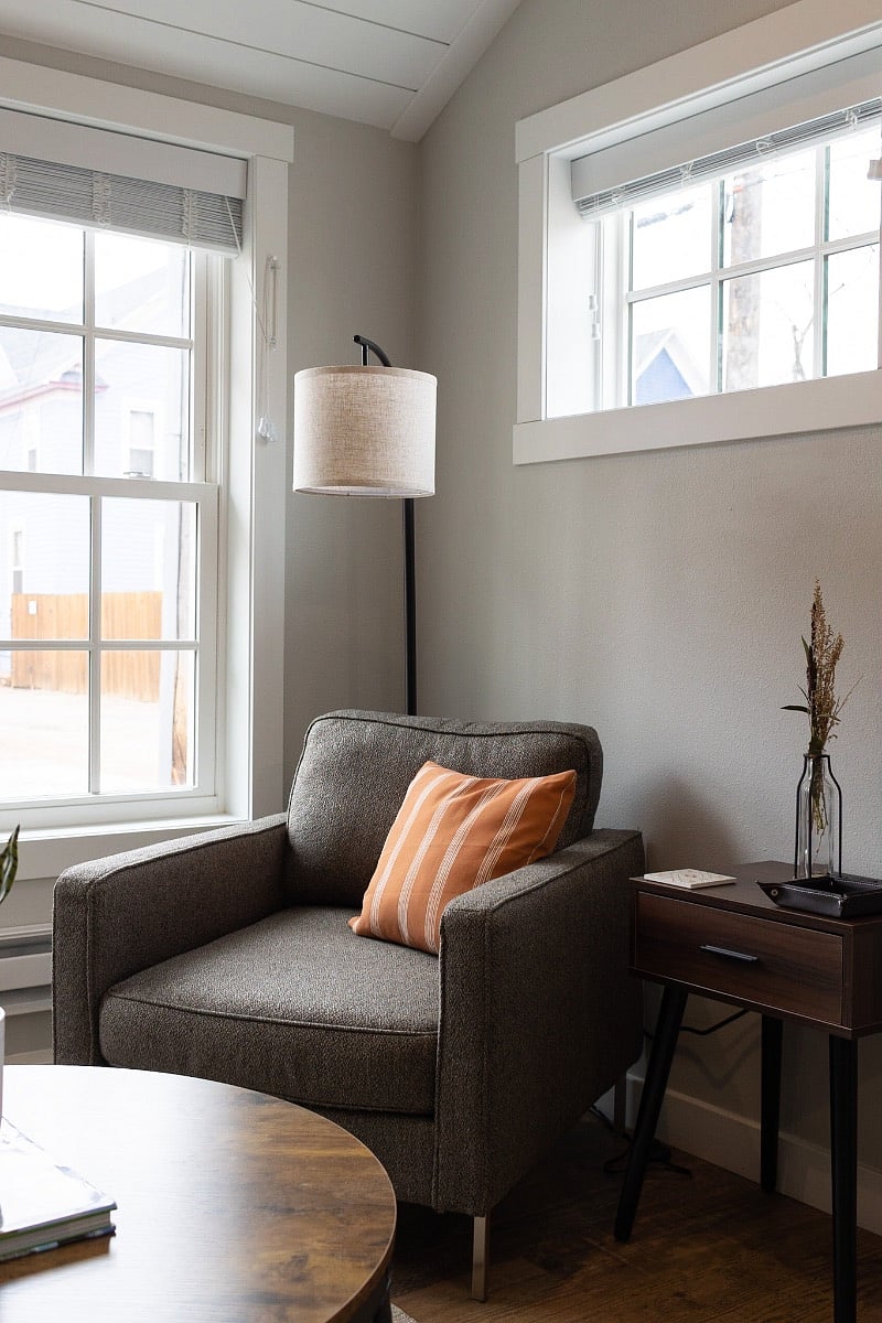 Chair, lamp, and end table with storage and extra outlets