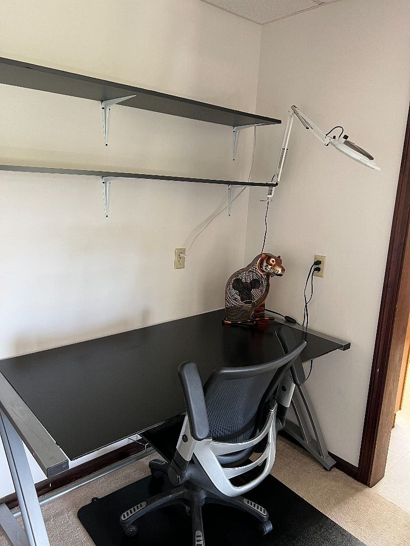 Living room den office area with desk and chair and tiger fan.