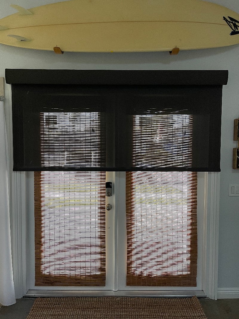 French doors for private entrance with custom shades to block light