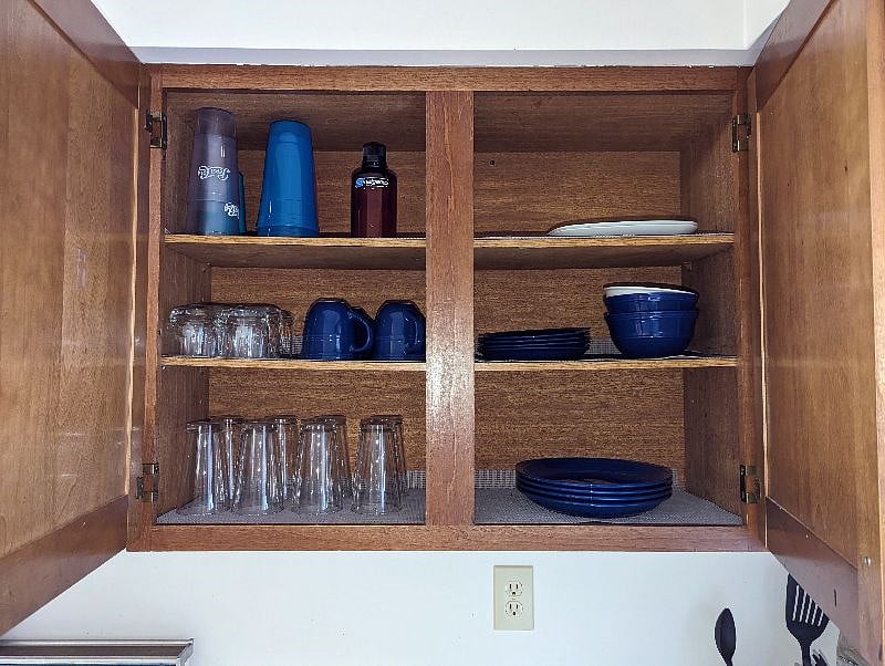 Plenty of plates, dishes, cups and more. Recently added a new set of dinnerware.