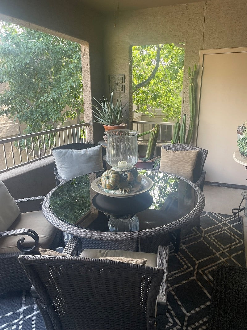 Beautiful patio, with pull down shade. Looks out on green lawn, access from master and front room
