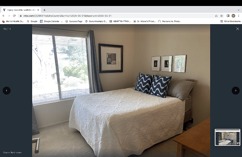 Second Bedroom with TV and views of backyard; creekside vegetation