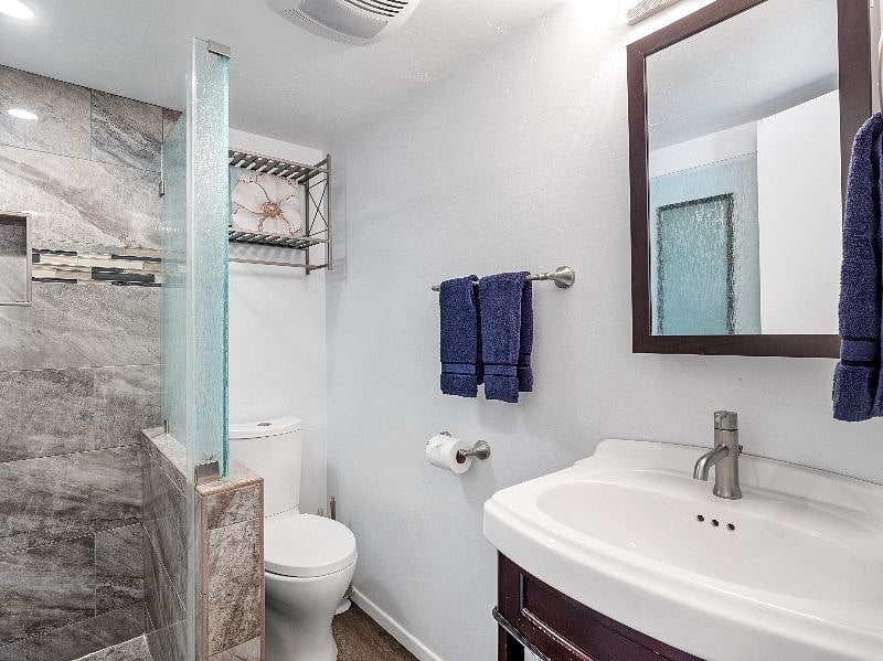 Newly remodeled bathroom with shower.