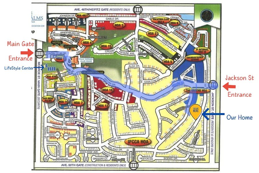 This map of Indian Palms Country Club highlights the convenient location of the Lifestyle Center in relation to our property.
