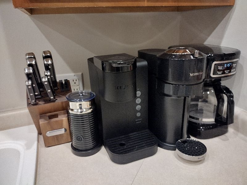Nespresso, Drip, Keurig, tea kettle, milk frother. Plus other mini appliances air fryer, rice cooker, blender, toaster/toaster oven combo etc...