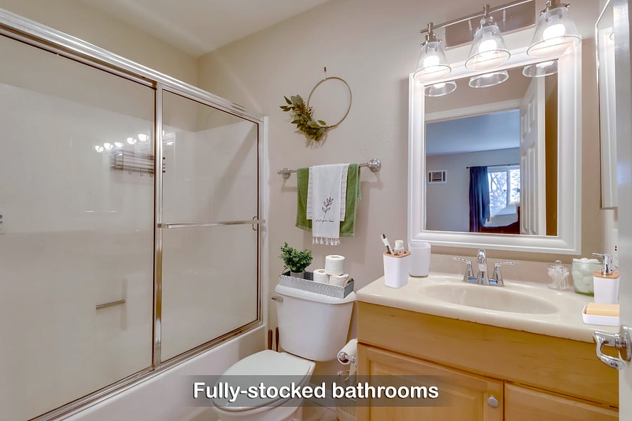 Freshen up in our fully stocked bathrooms w/ soap, shampoo, towels & hair dryer