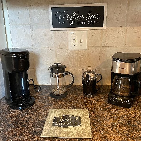 Pod coffee maker, French Press, Grinder, Brew for what ever gets you going.  A combo pod coffee /brew coffee is also in each suite.