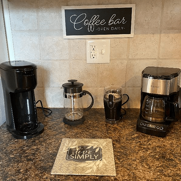 Pod coffee maker, French Press, Grinder, Brew for what ever gets you going.  A combo pod coffee /brew coffee is also in each suite.
