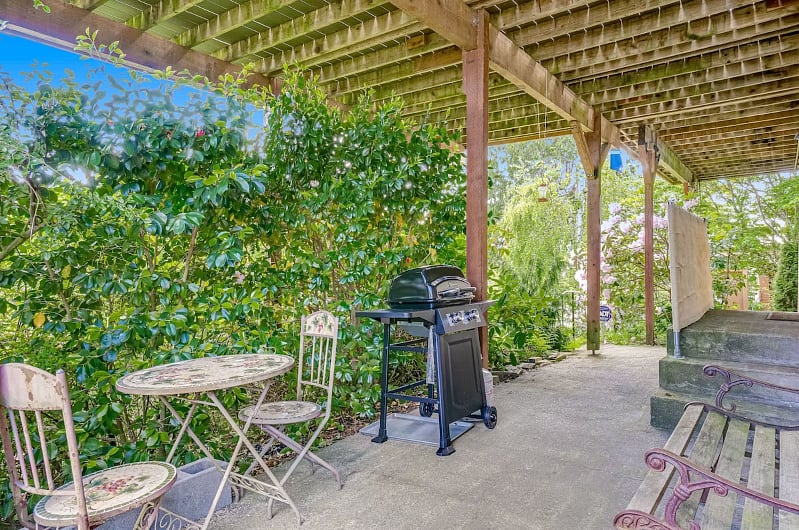 BBQ grill, snack table and bench