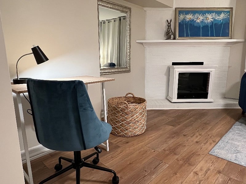 Desk, chair and task lighting (mirror in photo replaced with 40 inch SmartTV)