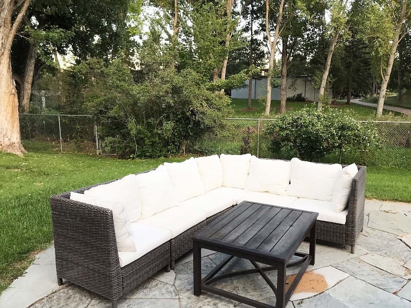 lounge in the back yard with a view of Rolland Moore Park and Spring Creek Trail