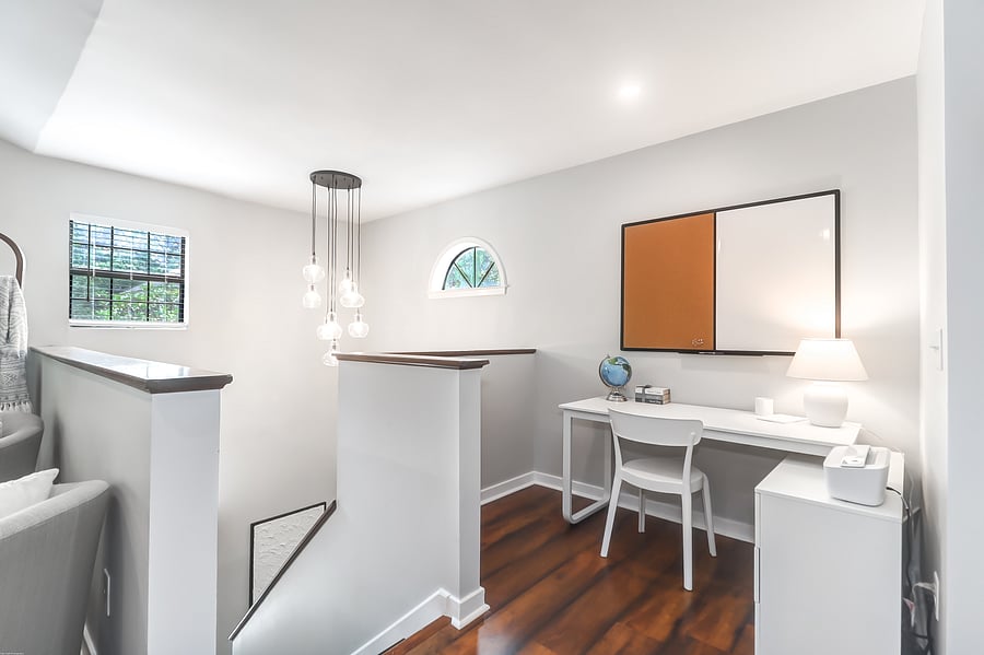 Work from home area with white board, bulletin board and a printer