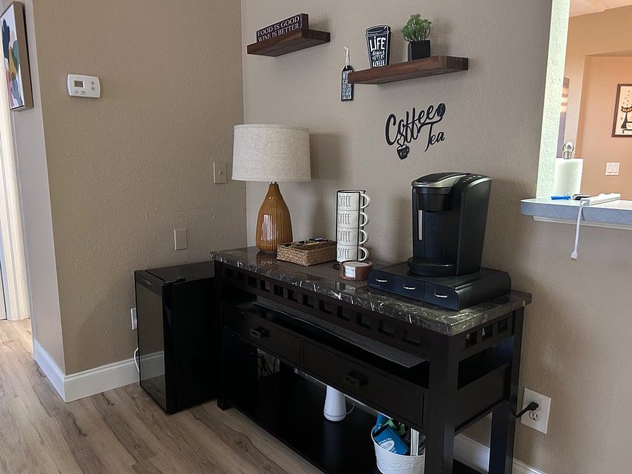 Coffee/Tea Station + Wine/Beverage refridge