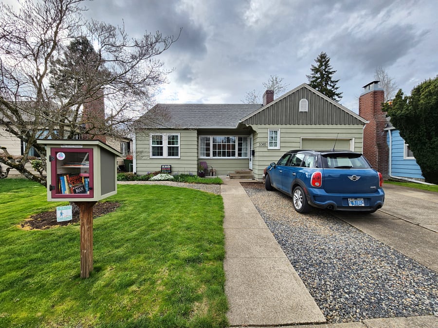 Front of house. Garage parking.