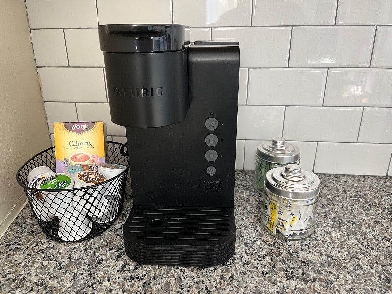 Our Keurig coffee maker has starter coffee and condiments. 