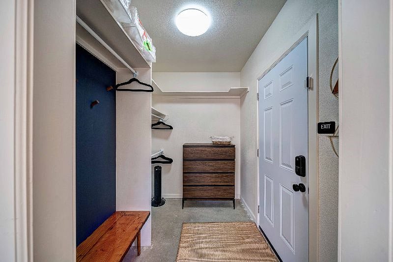 The front door lets you into the mud room/closet. It is easy to get set-up and settled in as you enter into the living area.