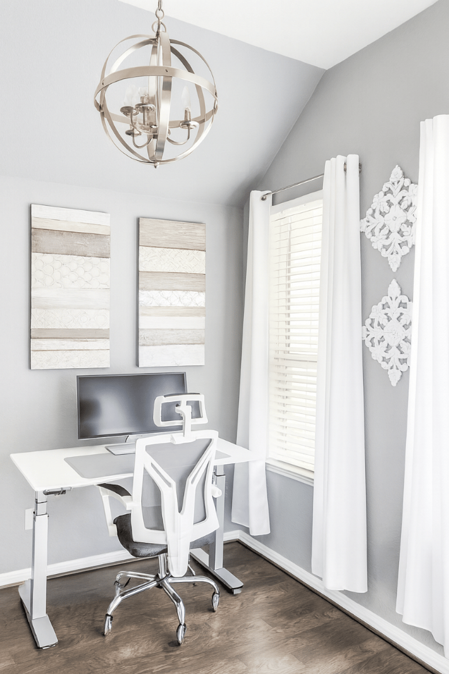 Dedicated workspace features a stand-up desk and chair for work or play, fast WiFi, and ample desk space with good lighting. The space is ideal for remote workers, offering a comfortable and productive environment.
