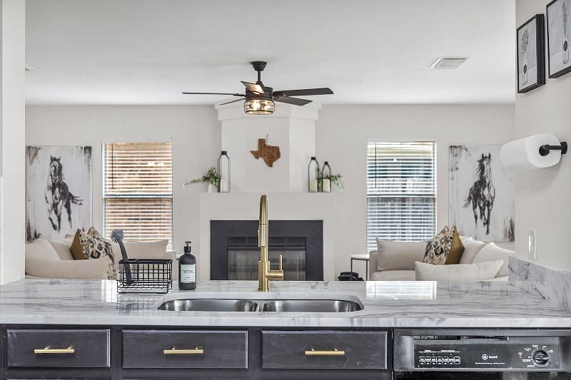 Kitchen sink area overlooking the family room.