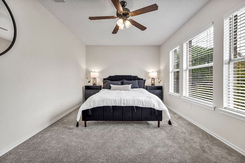 Secondary bedroom features a queen sized bed with gel memory mattress and pillows (upstairs).