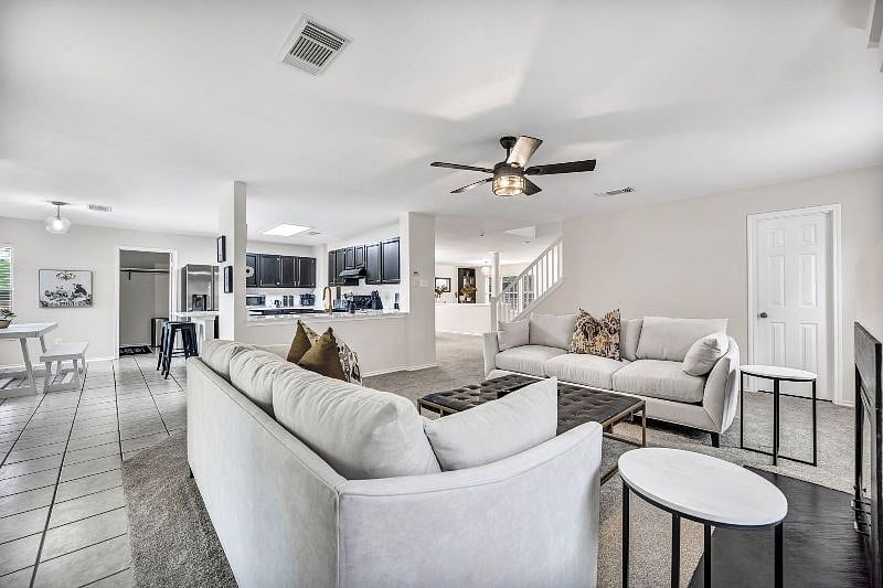 Open layout connects the family room to the kitchen.