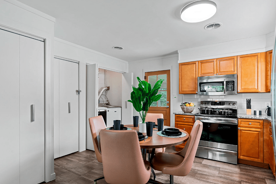 This clean, cozy, and well-equipped kitchen is perfect for cooking, dining, and creating memories with your loved ones. Whether its a quick bite or a full family dinner, everythings set up for you to enjoy every moment.