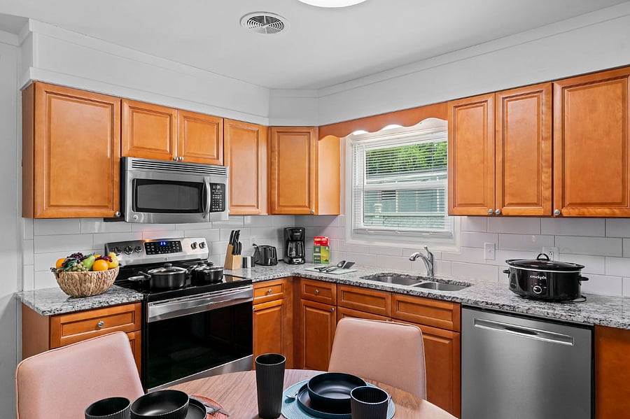 Outfitted with cookware, utensils, and a coffee maker, this fully stocked kitchen is ready for anythingfrom your morning coffee to a homemade dinner. Everything you need is herejust bring the groceries and get cooking!