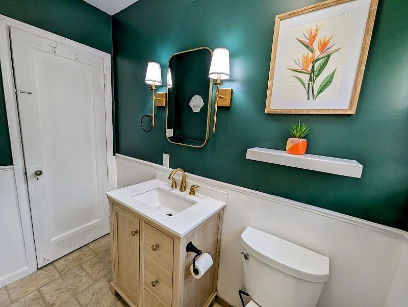 Remodeled bathroom with high end finishes.